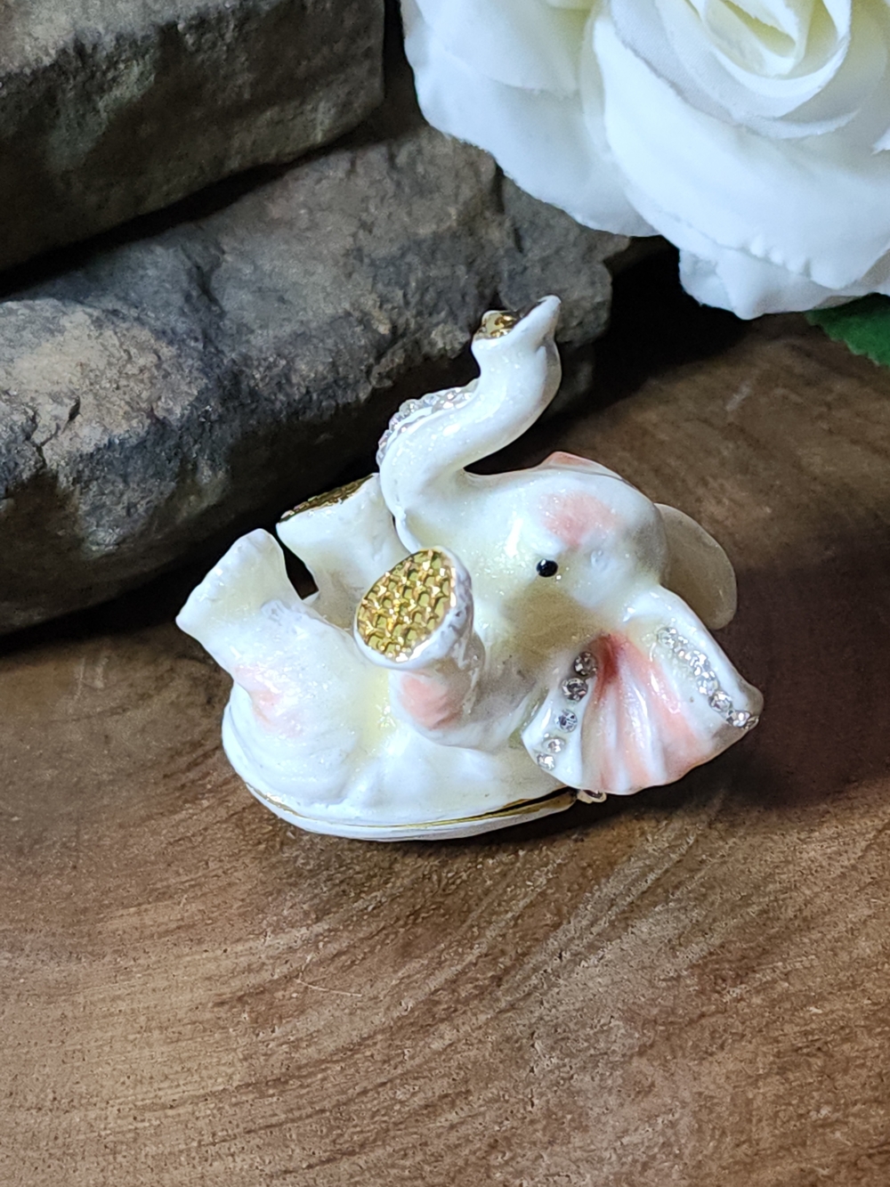 Dainty Little Elephant Trinket Box Jewelry Box with Gold And Rhinestone Accents